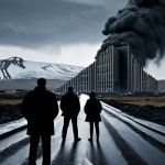 A powerful scene illustrating Iceland's 2008 financial crisis and their unprecedented response. Abstract, collapsing modern financial buildings symbolize the 'too big to fail' banks, shattered under a turbulent, dark sky. In the foreground, silhouetted figures representing the Icelandic people stand united, looking towards a path diverging sharply from the chaos, symbolizing their bold decision to let banks fail and prioritize public good. The atmosphere is one of decisive turning point amidst collapse. --ar 16:9 --style raw --v