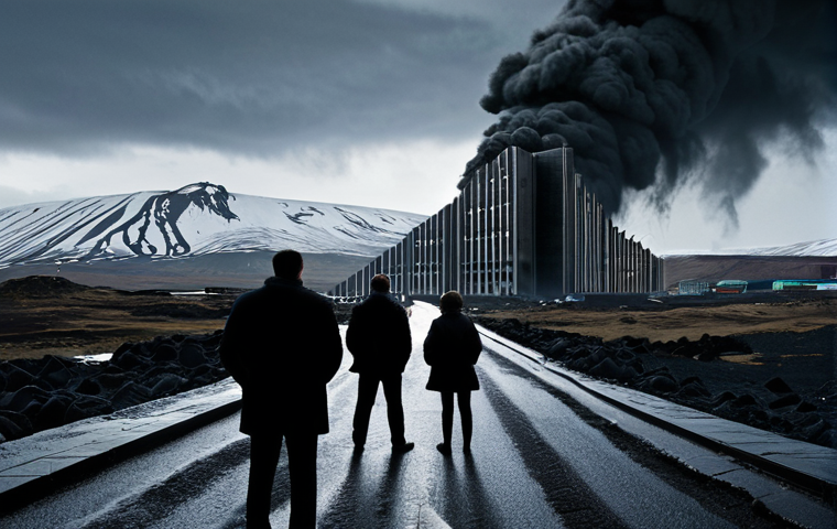 A powerful scene illustrating Iceland's 2008 financial crisis and their unprecedented response. Abstract, collapsing modern financial buildings symbolize the 'too big to fail' banks, shattered under a turbulent, dark sky. In the foreground, silhouetted figures representing the Icelandic people stand united, looking towards a path diverging sharply from the chaos, symbolizing their bold decision to let banks fail and prioritize public good. The atmosphere is one of decisive turning point amidst collapse. --ar 16:9 --style raw --v