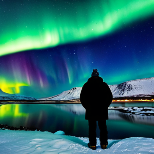 Thingvellir National Park Aurora**

"A breathtaking view of the Northern Lights over Thingvellir National Park in Iceland. The aurora borealis reflects on the calm surface of Lake Thingvallavatn. Perfect anatomy, correct proportions, natural pose, fully clothed figures in warm winter attire observing the spectacle. Safe for work, appropriate content, professional, family-friendly, high quality, professional photography."

**