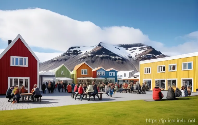 아이슬란드 난민 및 이민 정책 - Image Prompt 1: A Vibrant Multicultural Community Gathering in an Icelandic Town**