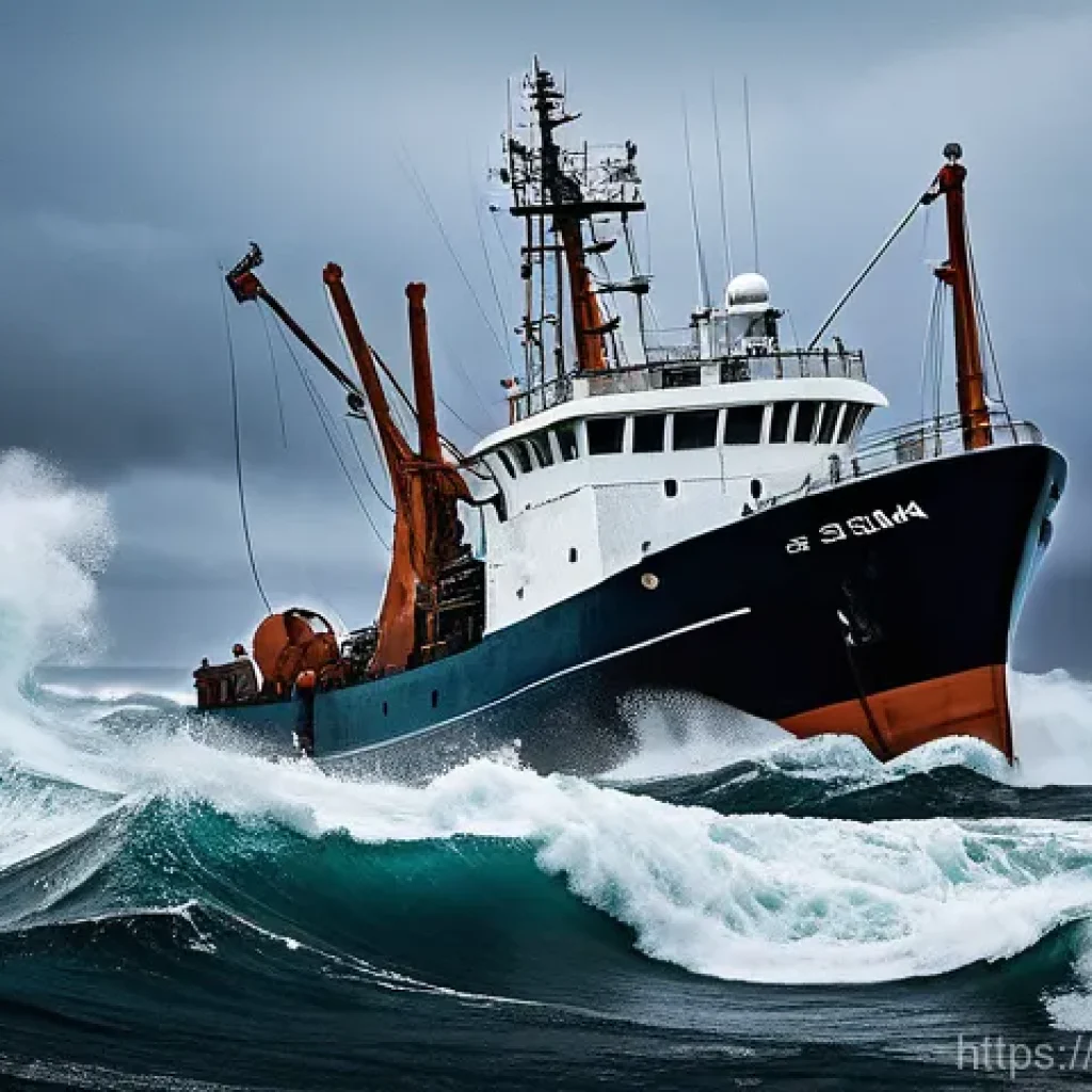 아이슬란드 해양 사고 사례 - **Prompt:** A robust Icelandic fishing trawler, seen from a dynamic angle, battling a fierce North A...