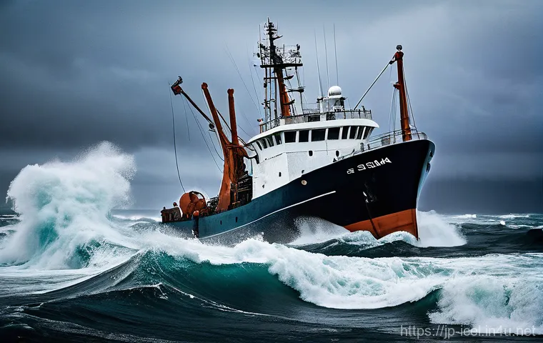 아이슬란드 해양 사고 사례 - **Prompt:** A robust Icelandic fishing trawler, seen from a dynamic angle, battling a fierce North A...