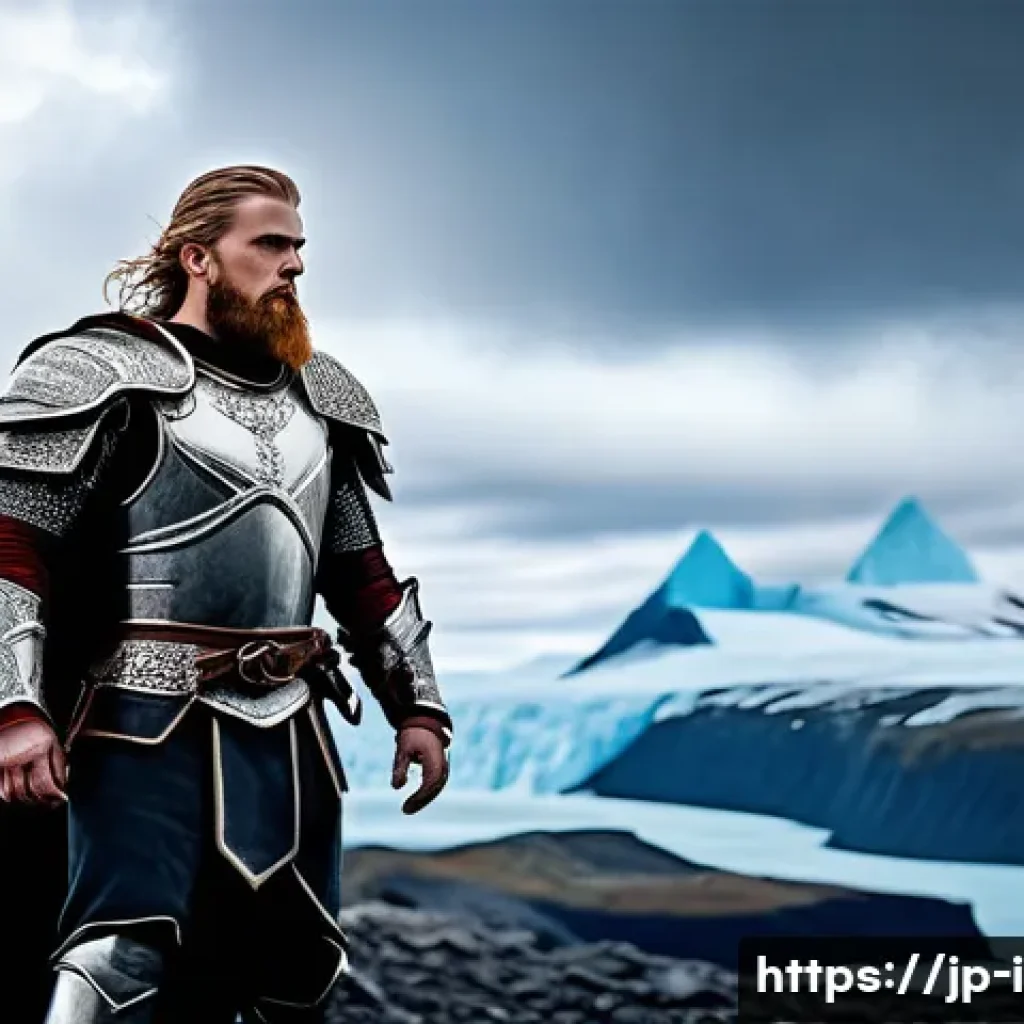 아이슬란드 서사시 및 신화 - A heroic Icelandic warrior clad in traditional Norse armor, standing resolutely on a rugged volcanic...