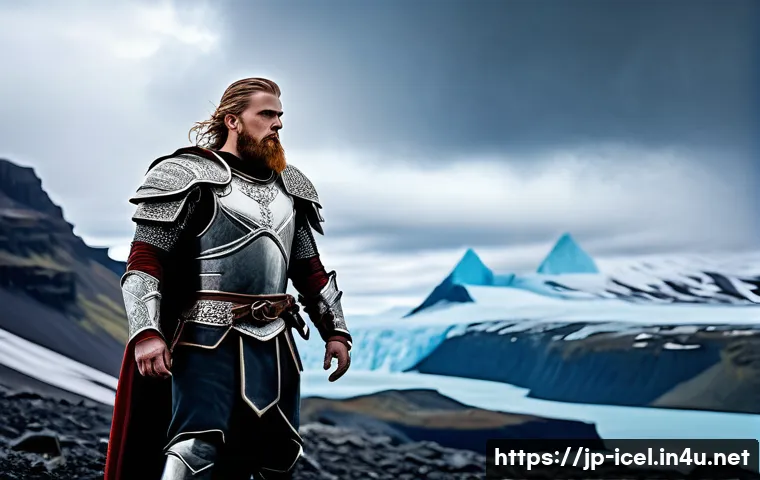 아이슬란드 서사시 및 신화 - A heroic Icelandic warrior clad in traditional Norse armor, standing resolutely on a rugged volcanic...