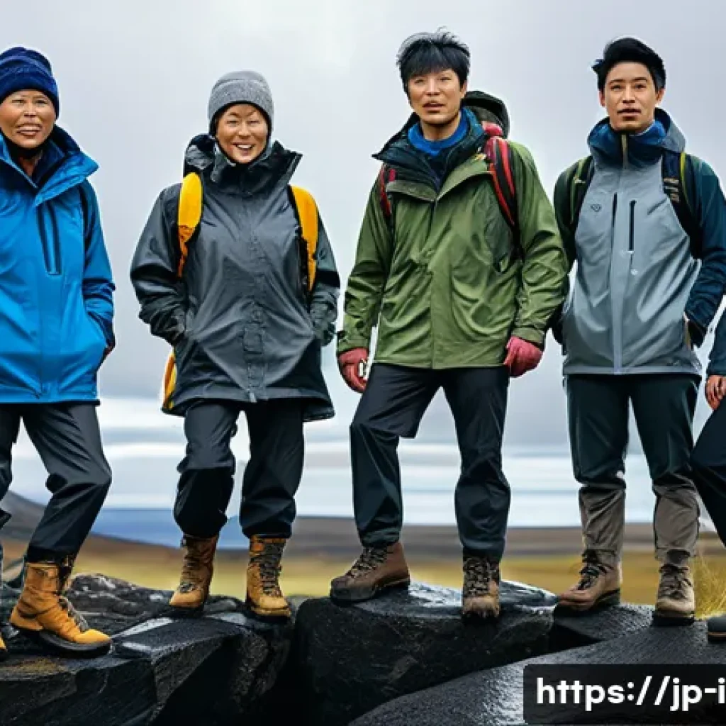 아이슬란드 날씨 변화 대비법 - A group of Japanese tourists dressed in layered outdoor clothing including waterproof jackets, fleec...