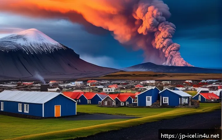 아이슬란드 자연재해 대처법 - A dramatic Icelandic volcanic eruption scene at dusk, showcasing the Eyjafjallaj&ouml;kull volcano spewin...
