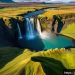 아이슬란드의 대표 유튜버와 인플루언서 - A breathtaking aerial view of Iceland&rsquo;s vast natural landscape during the golden hour, captured by a...